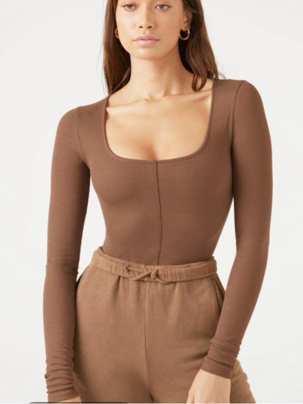 Joah Brown Brown Ribbed Scoop Long Sleeve Top Woman’s Size Medium